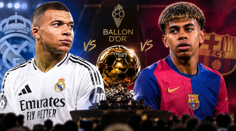 كيليان مبابي بقميص ريال مدريد ولامين يامال بقميص برشلونة في تصميم رياضي حول المنافسة على الكرة الذهبية 2026.