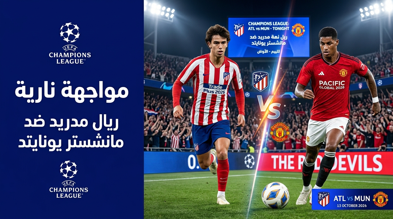 Vignette d'information sportive au format 16:9 illustrant une affiche de Ligue des champions entre l'Atlético de Madrid et Manchester United. La partie droite montre les deux joueurs sur le terrain sous les projecteurs du stade avec un effet lumineux « VS » et les écussons des clubs, tandis que la partie gauche présente un panneau bleu foncé avec le logo de la Ligue des champions et du texte en arabe.