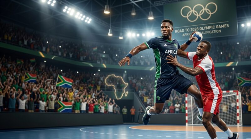 A dynamic, photorealistic sports news thumbnail (16:9 aspect ratio) illustrating African men's handball qualification for the 2028 Olympic Games. Two elite African male handball players are in an intense match inside a bright indoor arena; one player leaps to shoot while a defender blocks him. The background features a crowd, a handball goal, an illuminated African continent silhouette, and an arena screen showing the Olympic rings and "ROAD TO 2028 OLYMPIC GAMES AFRICAN QUALIFICATION", with clean negative space on the left.